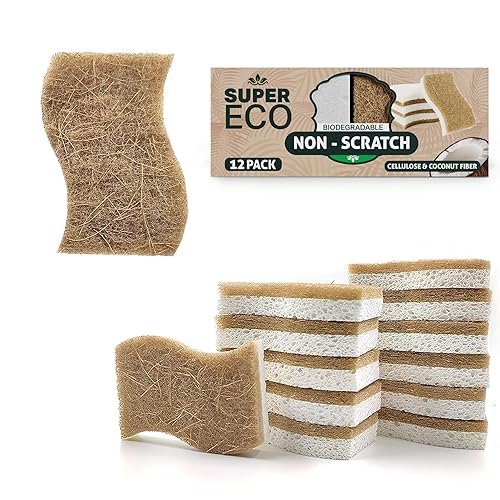 Super Eco Natural Kitchen Sponges Pack of 12 - Biodegradable Compostable Cellulose & Coconut Scrubber Sponge with Non-Scratch - Long Lasting, Eco