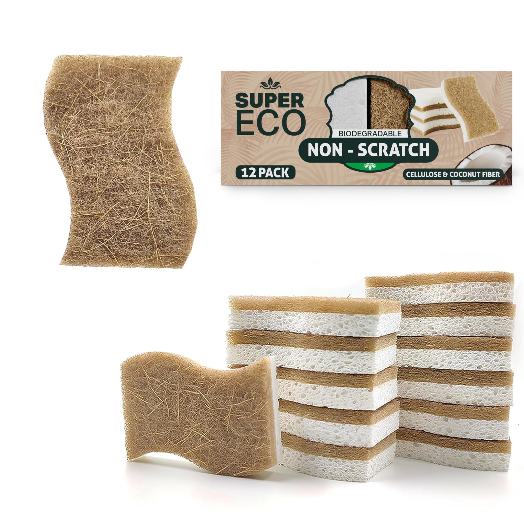 Super Eco Natural Kitchen Sponges Pack of 12 - Biodegradable Compostable Cellulose & Coconut Scrubber Sponge with Non-Scratch - Long Lasting, Eco
