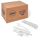 250 Plastic Cutlery Packets - Knife Fork Spoon Napkin Salt Pepper Sets | White Silverware Individually Wrapped, Bulk Disposable To Go Utensil Kits