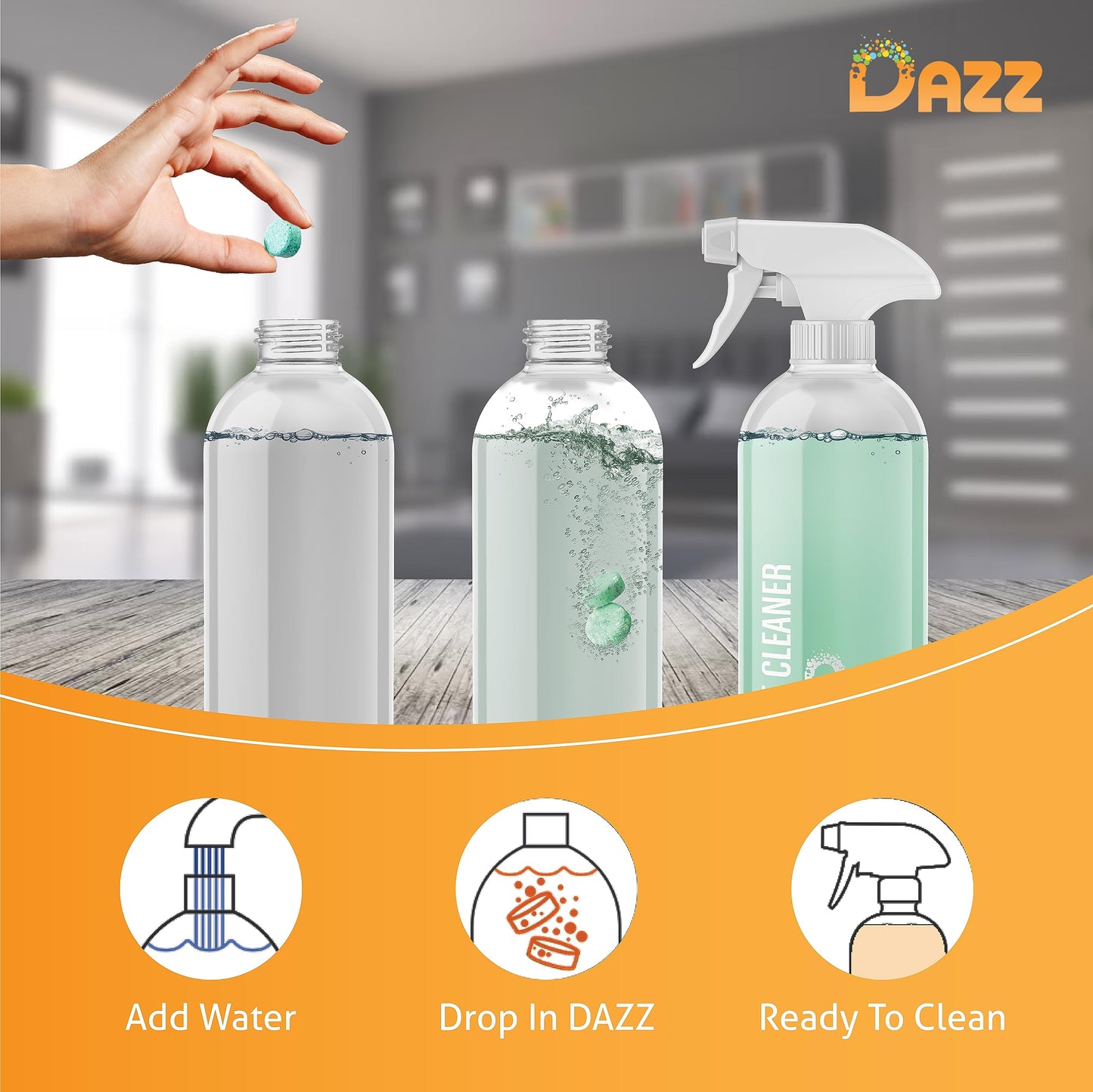 DAZZ Whole House Starter Kit (3 Reusable Spray Bottles, 6 Refills) Natural All Purpose Cleaner, Glass and Window Cleaner, and Bathroom Cleaner - Eco