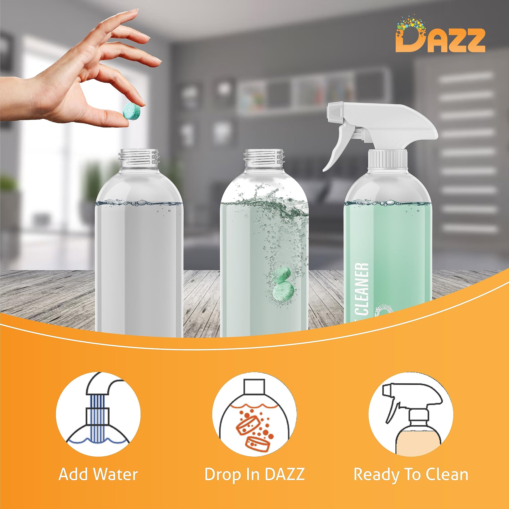 DAZZ Whole House Starter Kit (3 Reusable Spray Bottles, 6 Refills) Natural All Purpose Cleaner, Glass and Window Cleaner, and Bathroom Cleaner - Eco