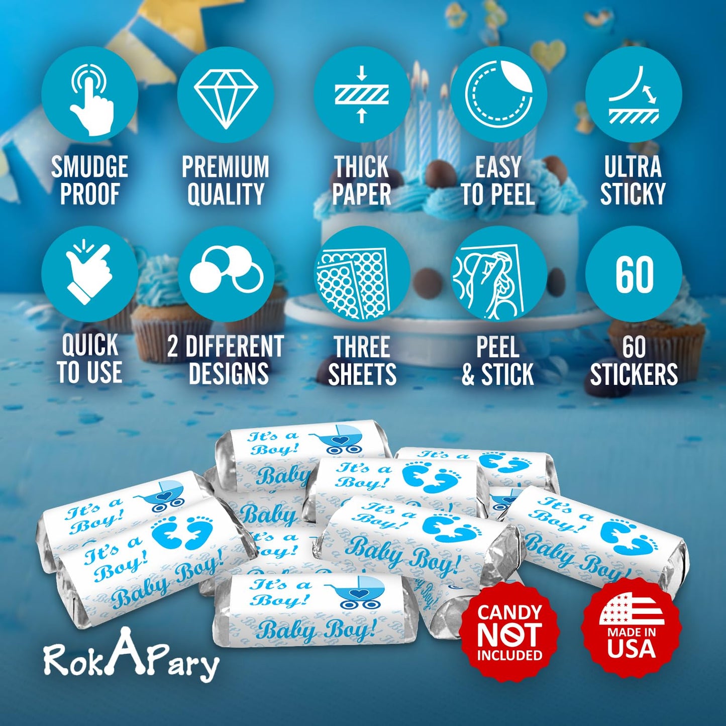 60 Blue Its a Boy Baby Shower Miniatures Candy Bar Wrapper Labels, Baby Shower Miniatures Candy Bar Stickers Decorations, Candy Not Included. Made in