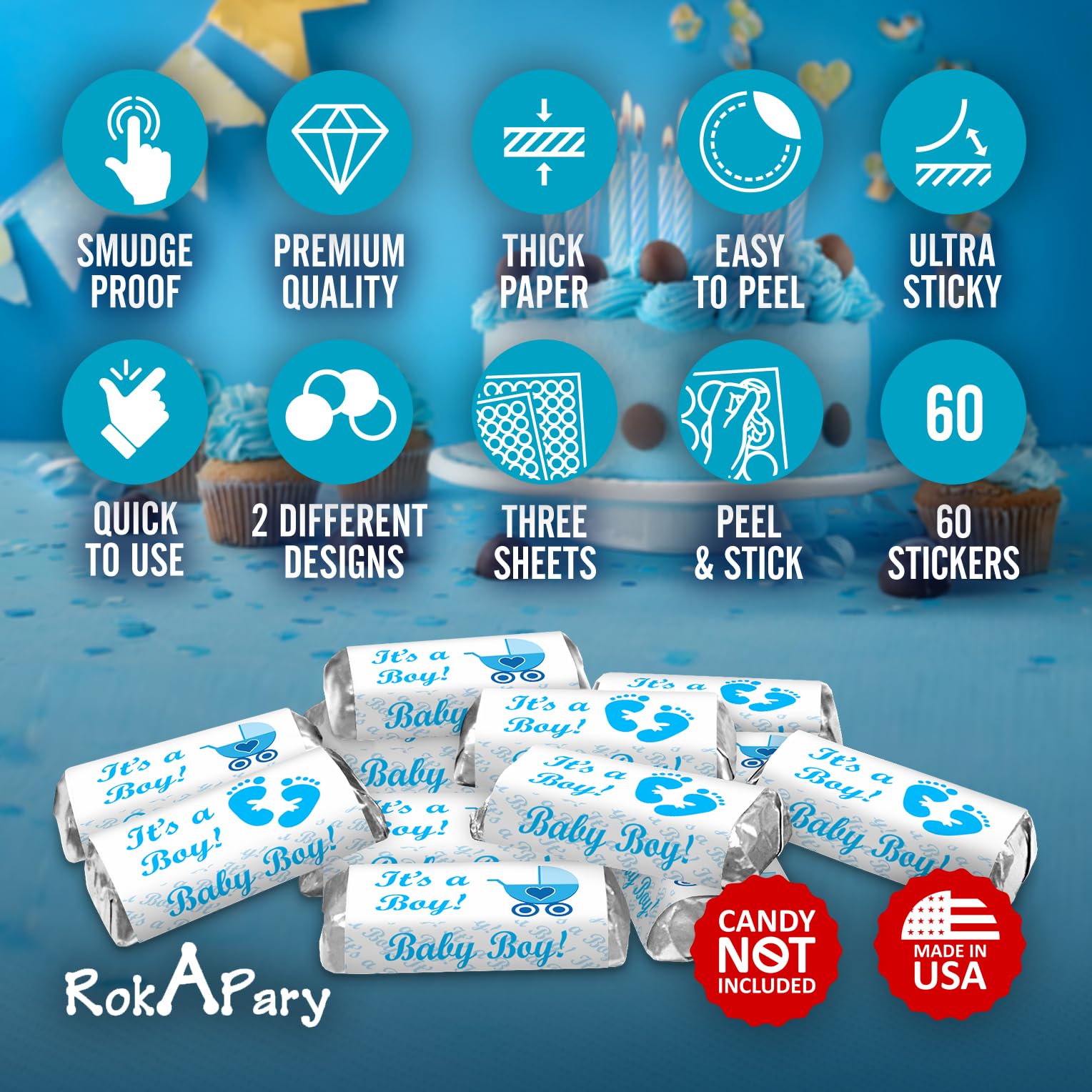 60 Blue Its a Boy Baby Shower Miniatures Candy Bar Wrapper Labels, Baby Shower Miniatures Candy Bar Stickers Decorations, Candy Not Included. Made in