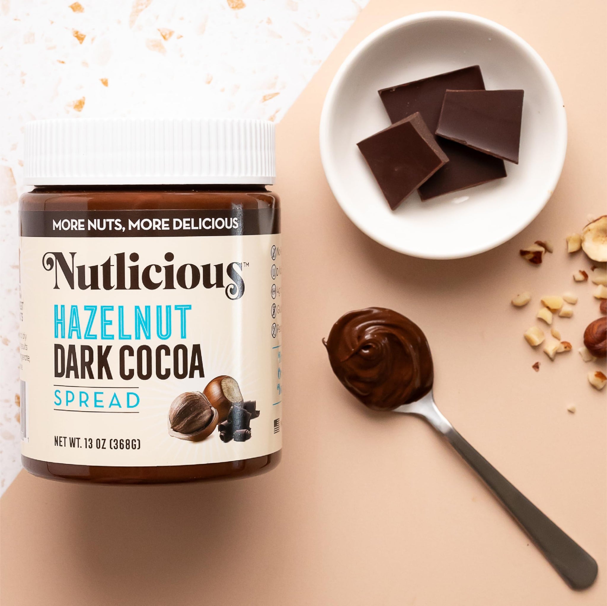 NUTLICIOUS Hazelnut Dark Cocoa Spread (13 oz), Spreadable Rich Dark Cocoa Roasted Hazelnuts, Made in the USA, No Palm Oil, 4g of Protein