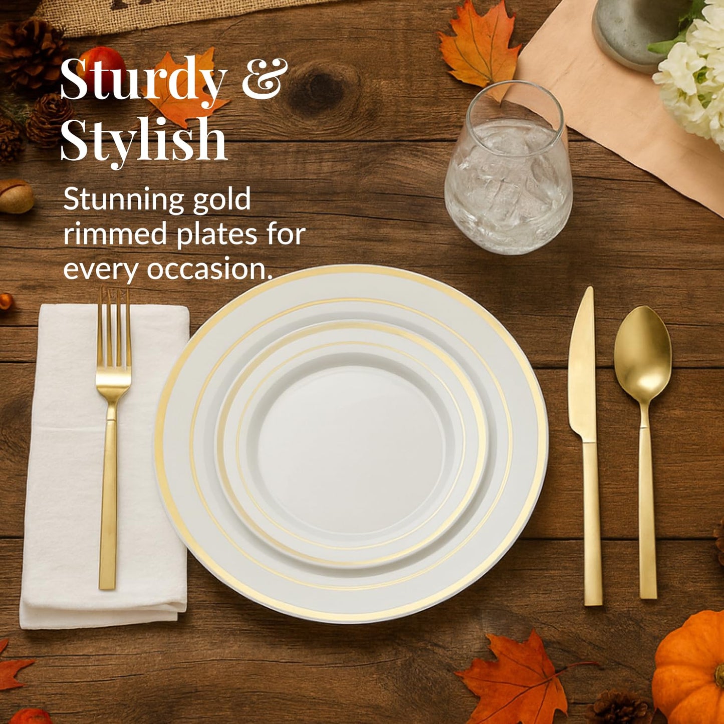Prestee 50-Piece Disposable Plates Set - White with Gold Rimmed Plastic Plate for Parties, Holidays, Weddings - Includes 25 Dinner Plates and 25 Small