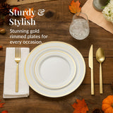 Prestee 50-Piece Disposable Plates Set - White with Gold Rimmed Plastic Plate for Parties, Holidays, Weddings - Includes 25 Dinner Plates and 25 Small