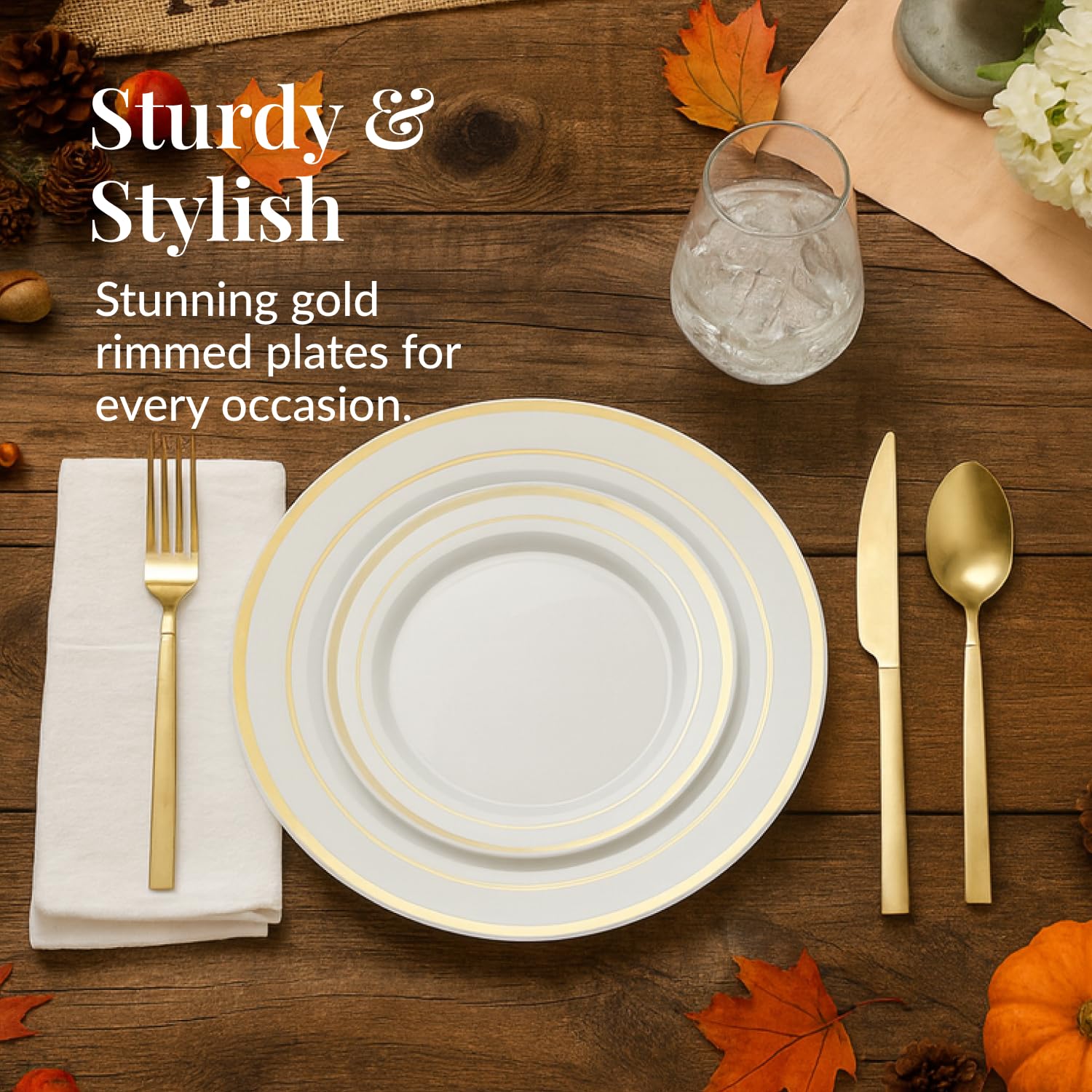 Prestee 50-Piece Disposable Plates Set - White with Gold Rimmed Plastic Plate for Parties, Holidays, Weddings - Includes 25 Dinner Plates and 25 Small