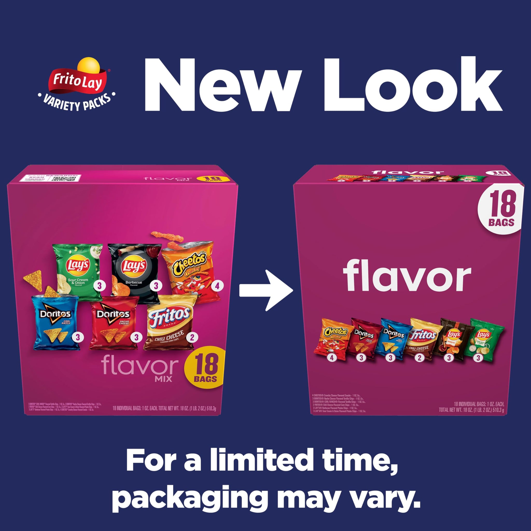 Frito-Lay Snacks Variety Pack, Flavor Mix, Single Serve Snack Bags, (18 Pack), Fritos, Cheetos, Lay's, Doritos, Chips