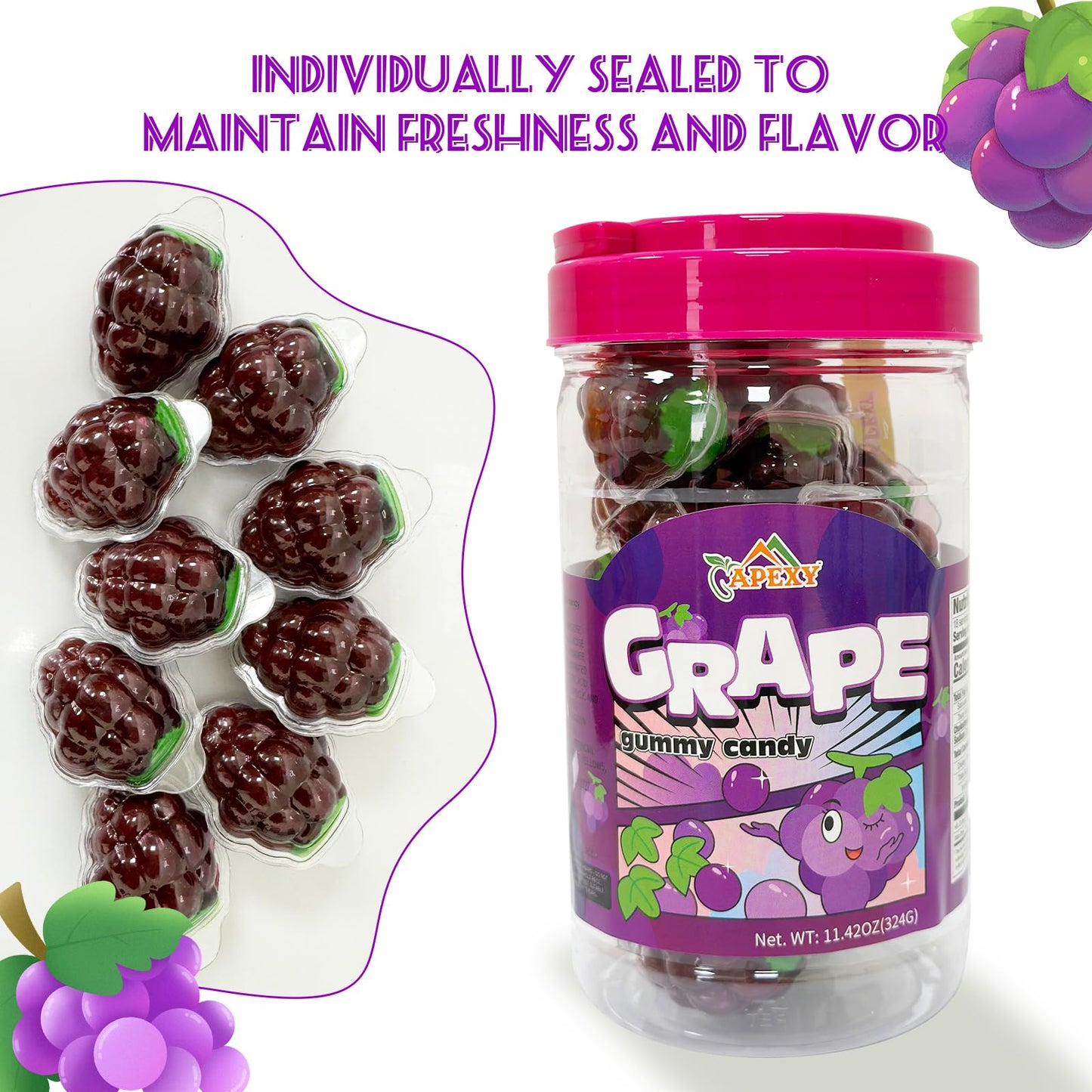 Apexy Grape Gummy Gummies - with Fruity Liquid Center Gummy Candy for Halloween, Birthday, Trick Or Treat, Party Candy - Jelly Filled Gummies, Fat