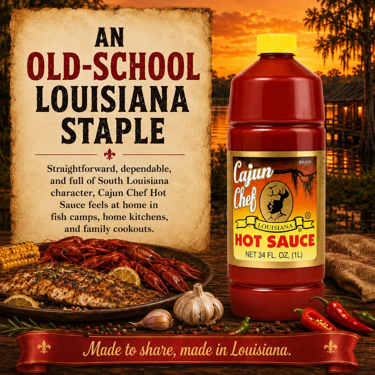 Cajun Chef Hot Sauce 34 oz, Louisiana Cajun Cayenne Pepper Sauce, Mild Heat Hot Sauce for Gumbo, Seafood, Soups, Wings, Pizza, BBQ, Fried Foods