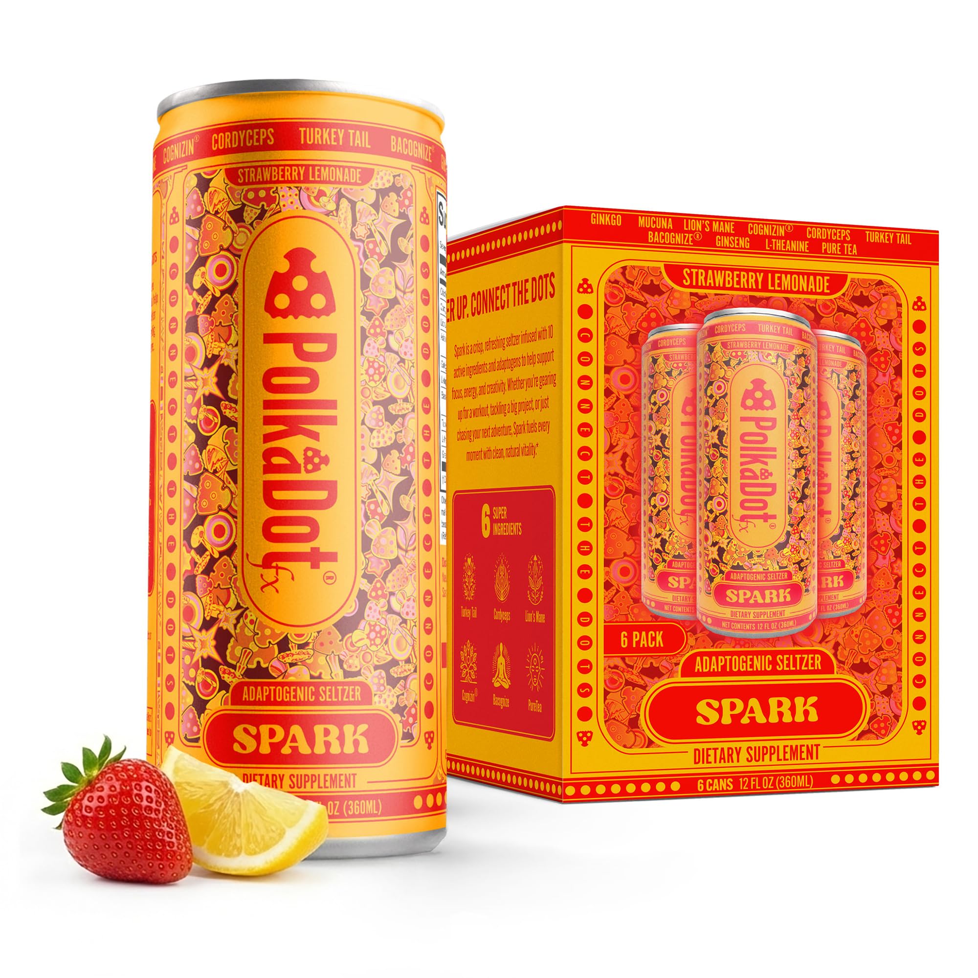 Polkadot Spark Seltzer, Strawberry Lemonade Flavor, Sparkling Drink with L-Theanine, Lion’s Mane, Ginkgo, and Green Tea, Zero Sugar Beverage, 12 FL Oz