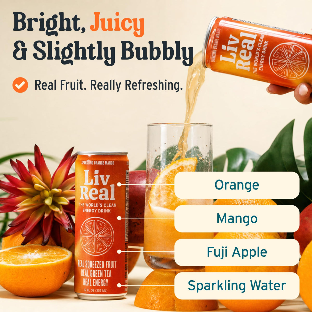 LivReal Clean Energy Drink - Organic Green Tea Caffeine 125mg + L-Theanine 100mg - Real Fruit, No Sweeteners or Flavorings - Vitamin C & B Complex