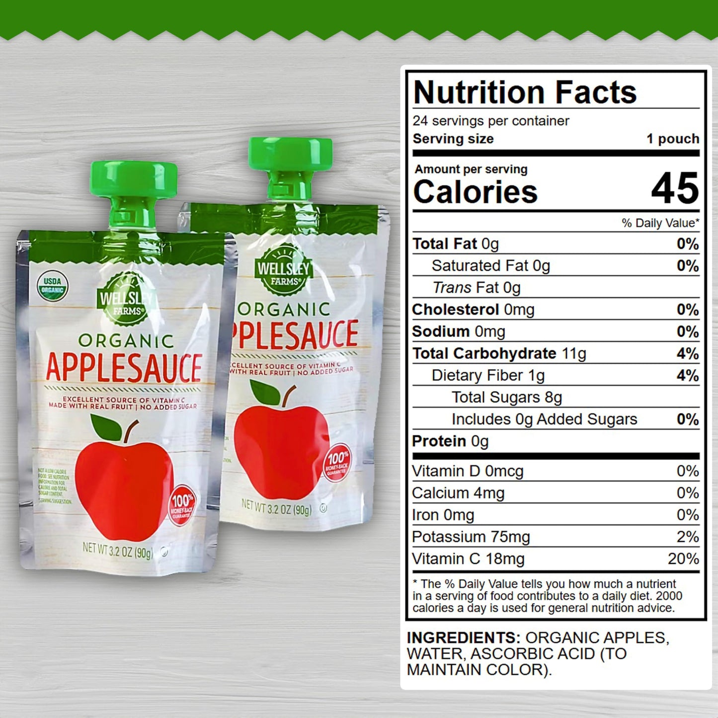 Wellsley Farms Organic Applesauce Pouches, 24-Pack (3.2 oz Each) 100% Real Fruit, No Sugar Added, Gluten-Free, Kosher, No Artificial Colors or Flavors