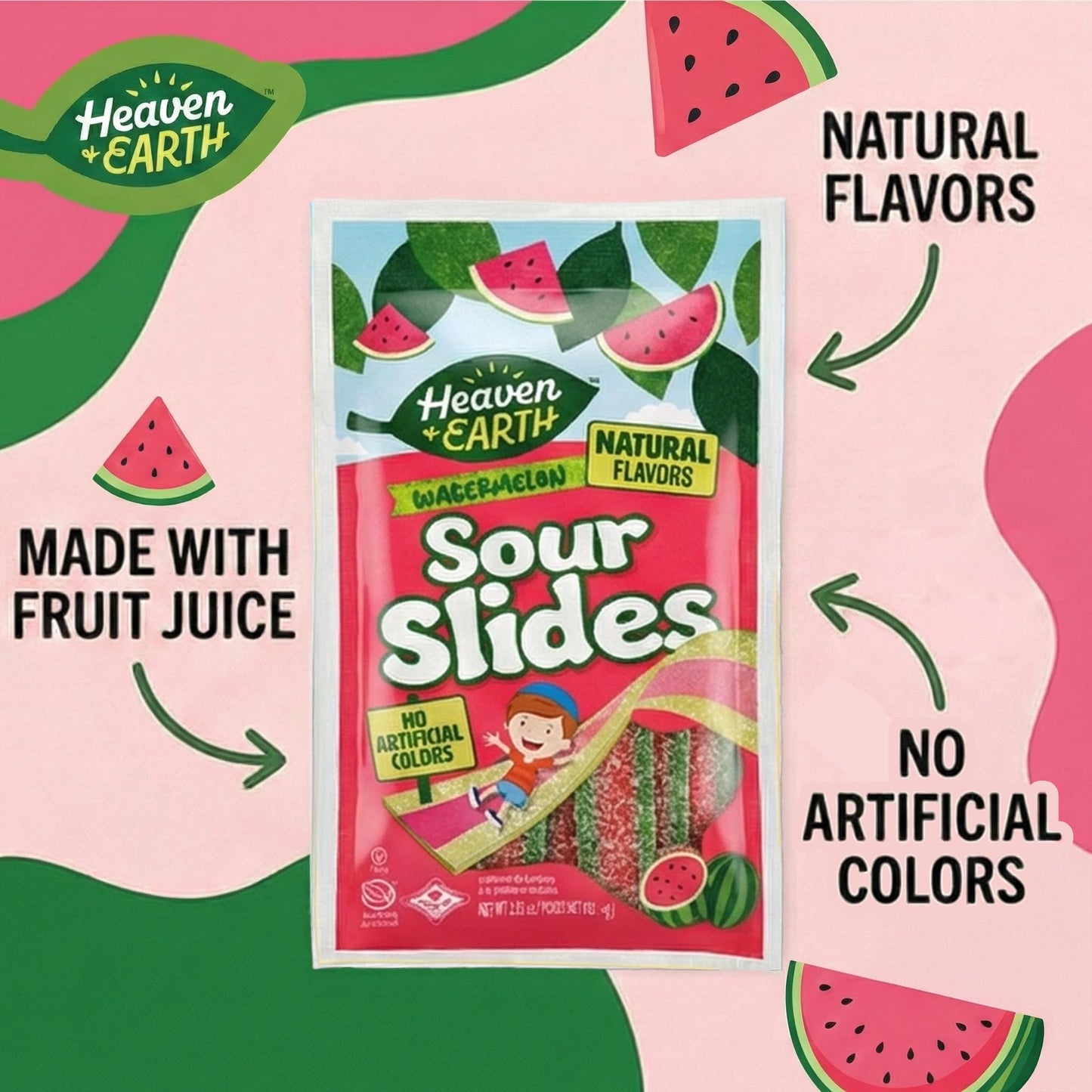 Heaven & Earth Watermelon Sour Slides Candy, 2.8 oz (6 Pack) | Sour Belts | Natural Flavors, No Artificial Colors | Made with Real Fruit Juice |