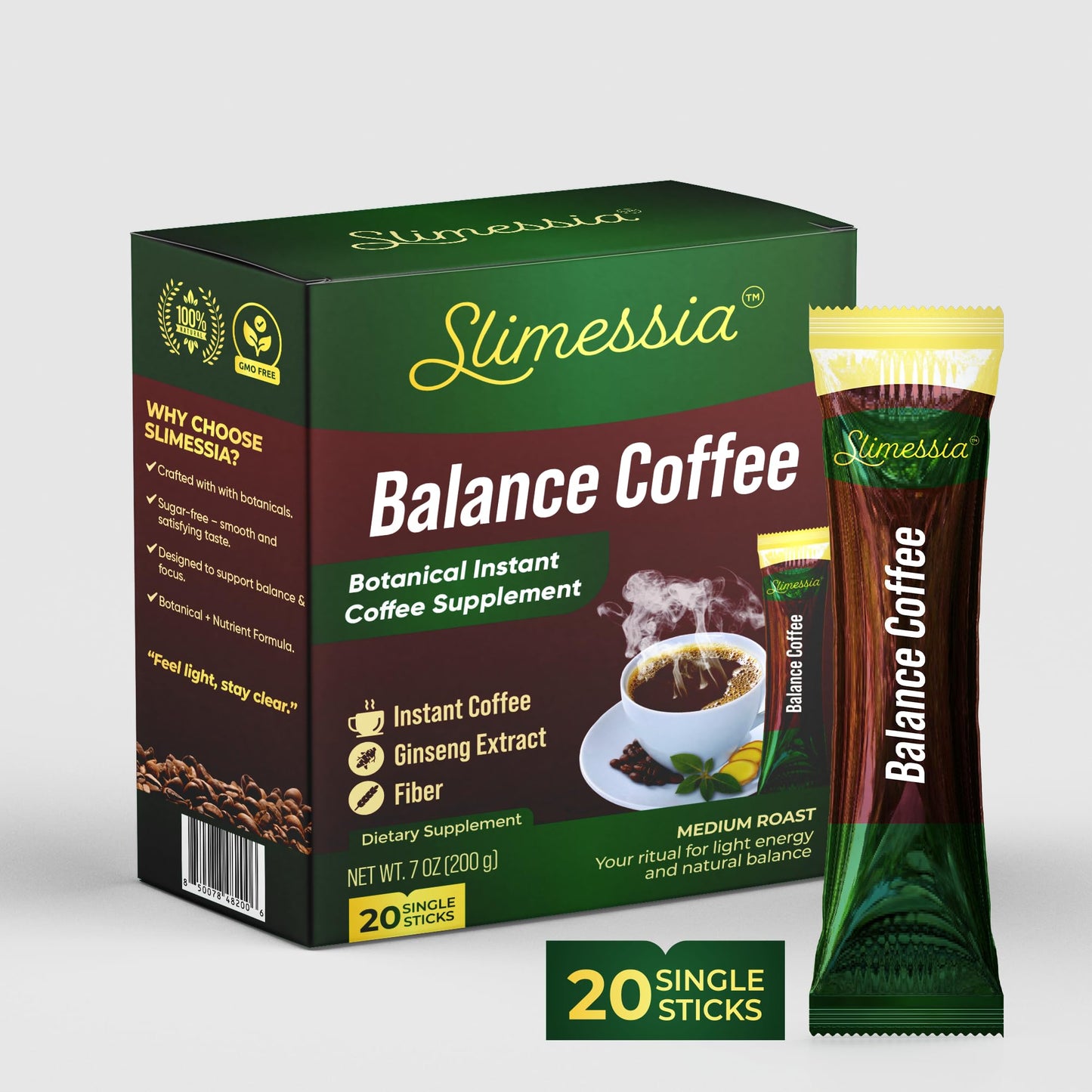 Slimessia Balance Coffee, Medium Roast Instant Coffee with Botanicals, 20 Single Sticks, 7 oz