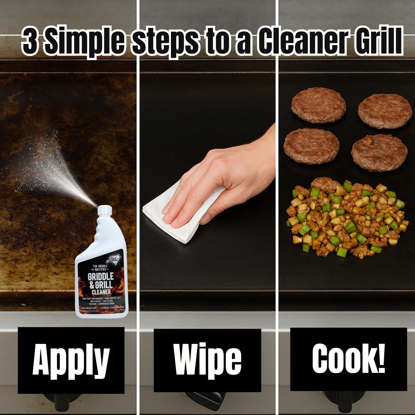 Black Diamond Stoneworks Griddle & Grill Cleaner - Flat Top Griddle Cleaner, Non-Caustic, Food-Contact Safe, Unscented, Residue-Free, Stainless