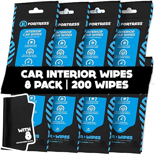 Fortress Car Interior Wipes with Microfiber Cloth (25 ct, Pack of 8) for Car Interior Cleaning, Dashboard, Seats, Detailing, and Steering Wheel