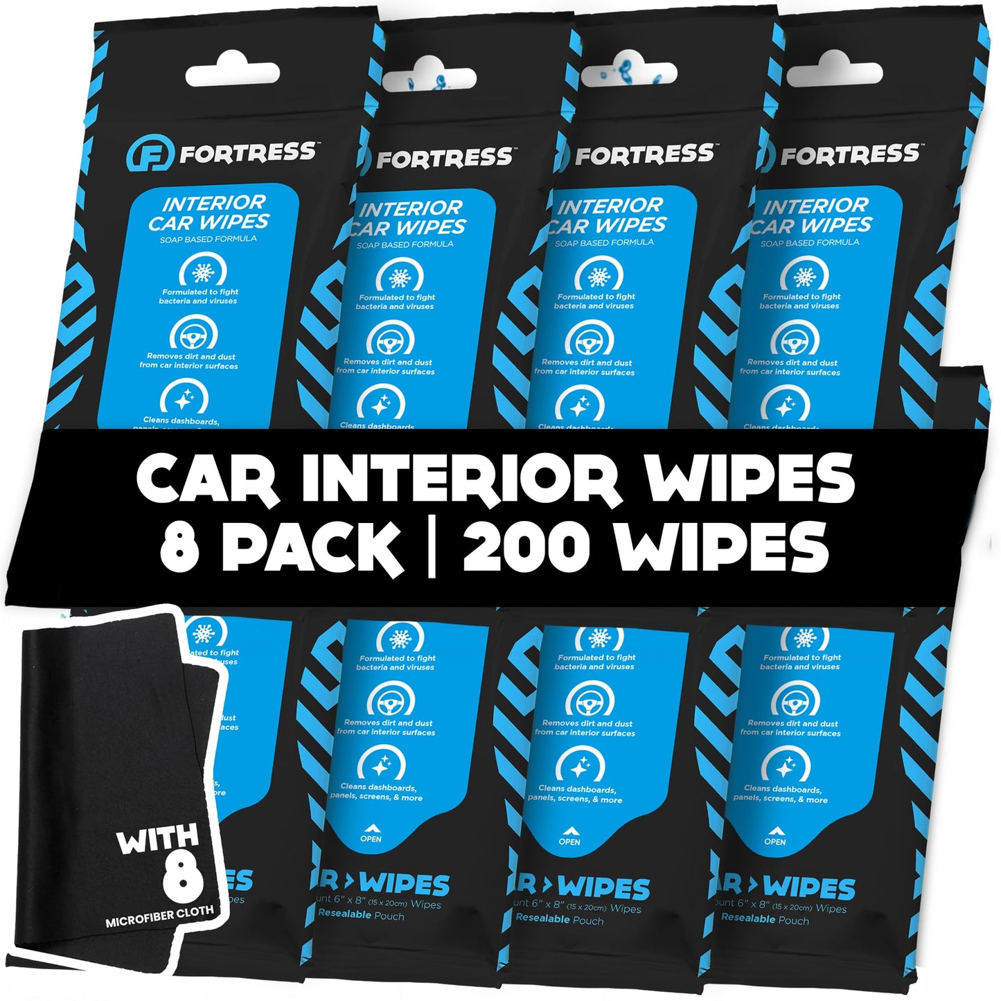 Fortress Car Interior Wipes with Microfiber Cloth (25 ct, Pack of 8) for Car Interior Cleaning, Dashboard, Seats, Detailing, and Steering Wheel