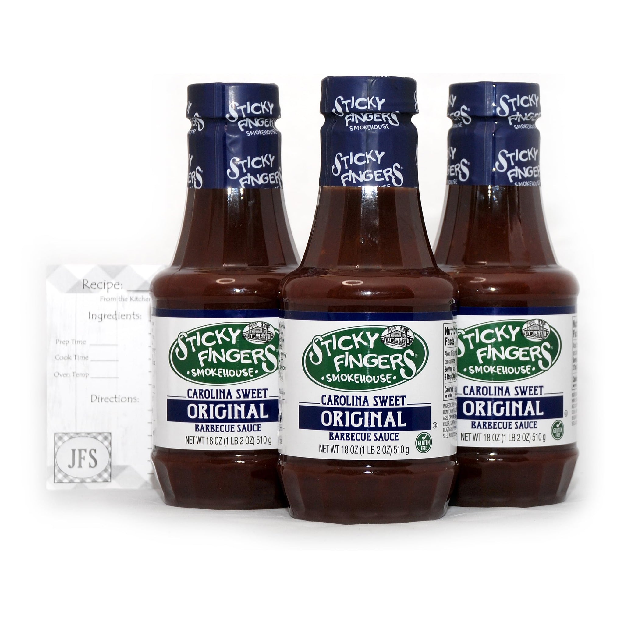 Sticky Fingers Carolina Sweet BBQ Sauce, 18 Oz, 3 Pack Bundled with a JFS Recipe Card