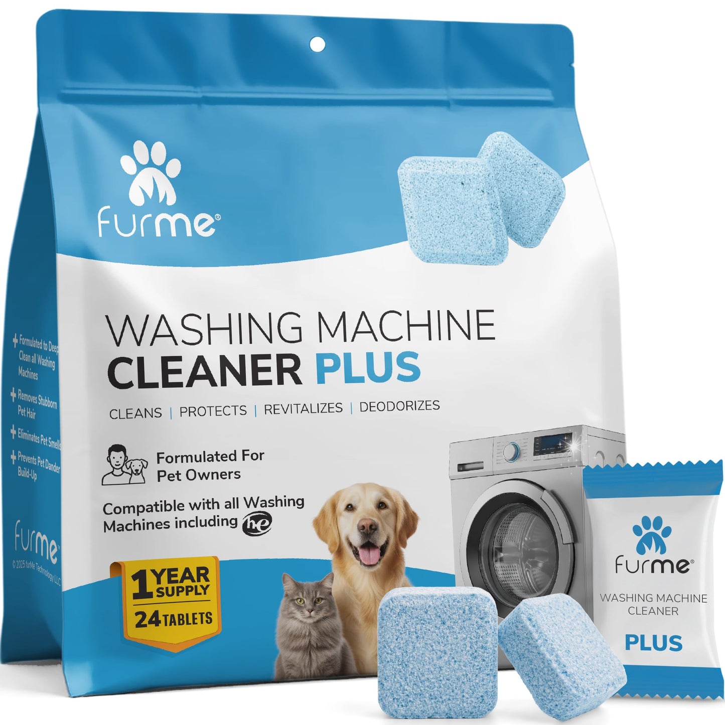 FURME Washing Machine Cleaner Tablets for Pet Owners - 24 Pack Deep Cleaning Descaler for HE Front & Top Load Washers - Removes Pet Hair Odor, Residue