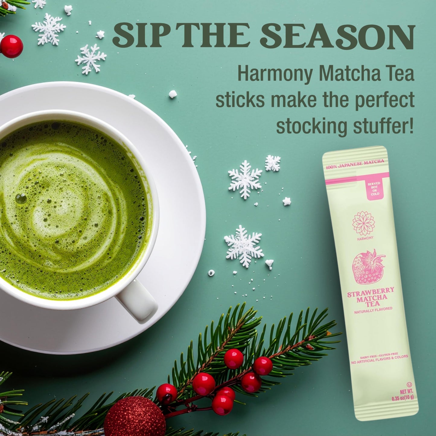 The Harmony Matcha Strawberry (10 Sticks) Premium Japanese Matcha Powder, Rich in Antioxidants & L-Theanine, Sweetened with Organic Sugar, No