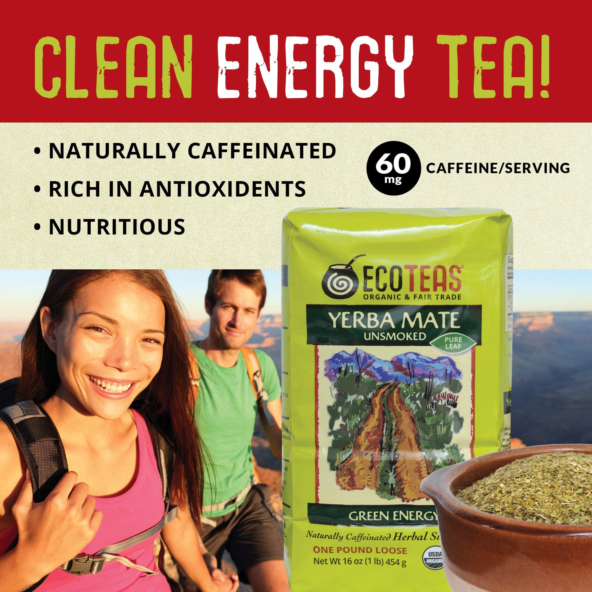 ECOTEAS Organic Yerba Mate Loose Leaf Tea - Natural Energy & Detox Herbal Tea - Caffeine Alternative - Kosher, Non-GMO, Gluten-Free - Unsmoked Pure