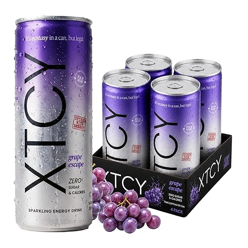 XTCY Euphoric Energy Drink, 12 FL oz, Grape Escape Flavor, 75mg Non-Extreme Caffeine, Sugar Free, Zero Calories (Pack of 4)