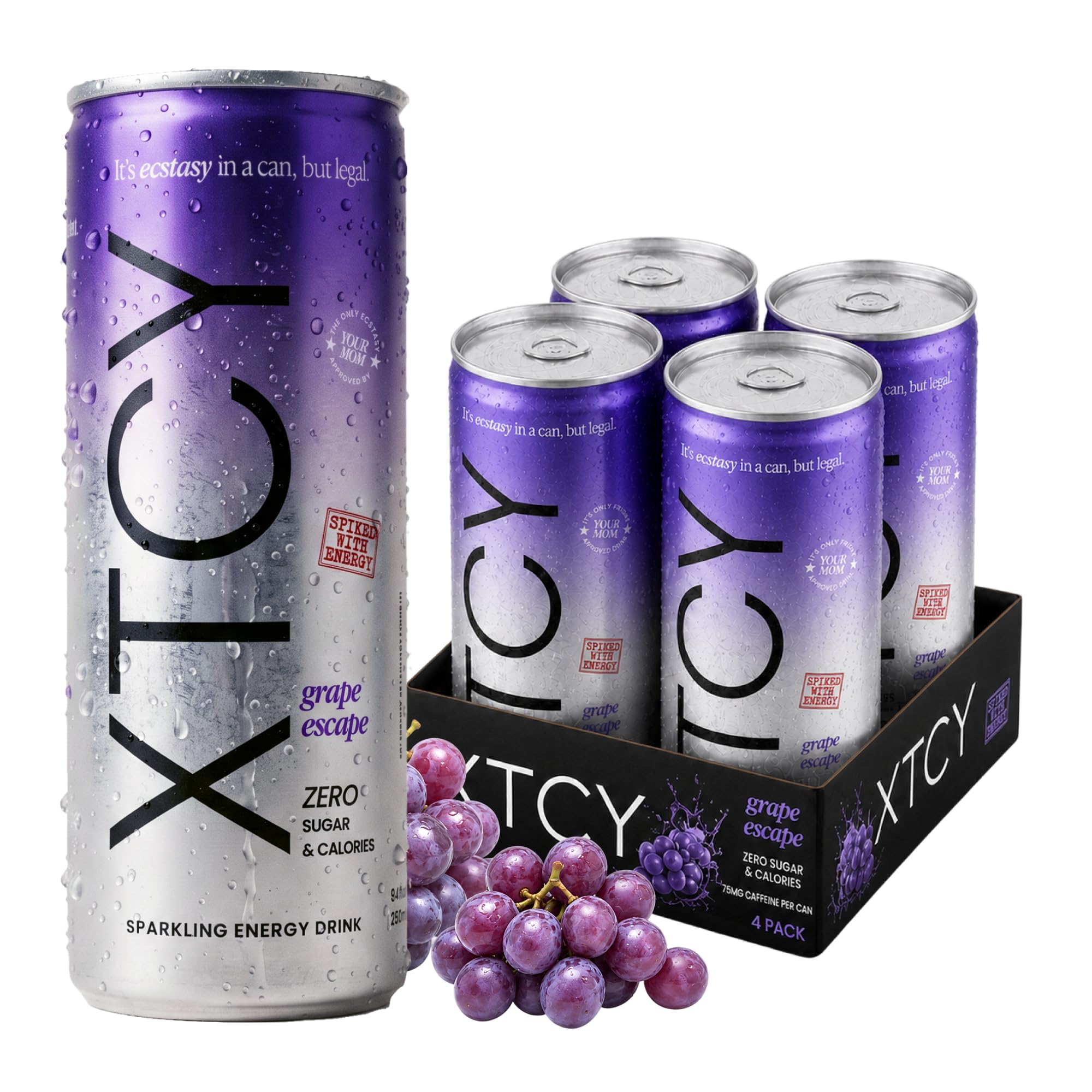 XTCY Euphoric Energy Drink, 12 FL oz, Grape Escape Flavor, 75mg Non-Extreme Caffeine, Sugar Free, Zero Calories (Pack of 4)