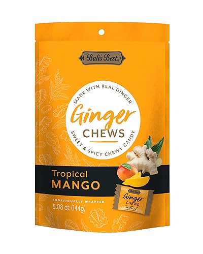 Bali's Best Ginger Chews, Tropical Mango Flavor, 5.08 Oz, Individually Wrapped Soft Candy, Made with 100% Real Ginger, Digestive Health Support, Upset