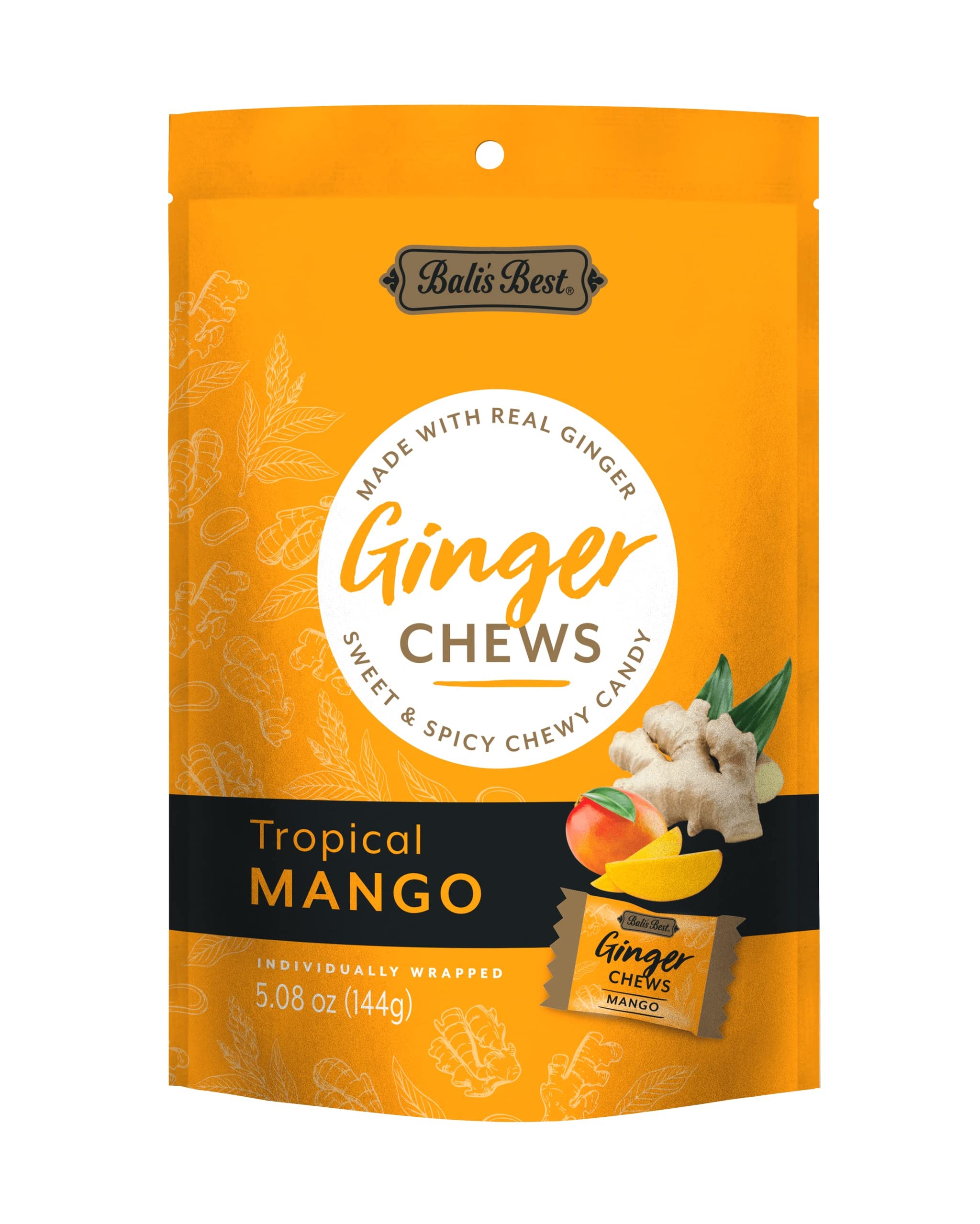Bali's Best Ginger Chews, Tropical Mango Flavor, 5.08 Oz, Individually Wrapped Soft Candy, Made with 100% Real Ginger, Digestive Health Support, Upset