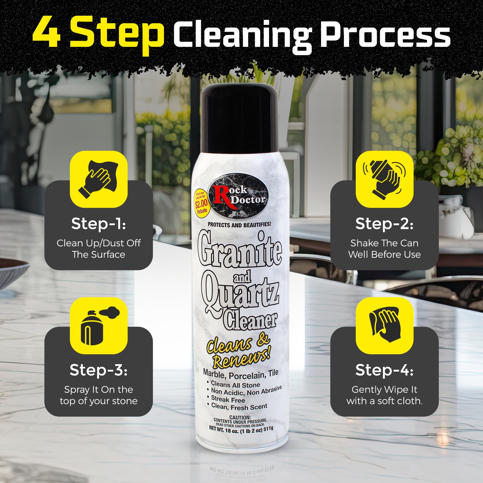 Rock Doctor Granite & Quartz Cleaner Spray 18 oz. Can, Cleans Tile, Marble, Kitchen Countertop, and Natural Stone Surfaces, Streak-Free Shine (6Pack)