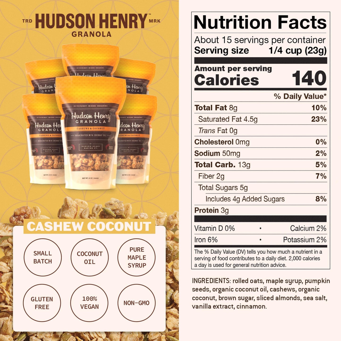 Hudson Henry Cashew Coconut Granola | Gluten Free Granola with Nuts and Seeds | Vegan, Non-GMO & Small Batch Baked with Pure Maple Syrup & Organic