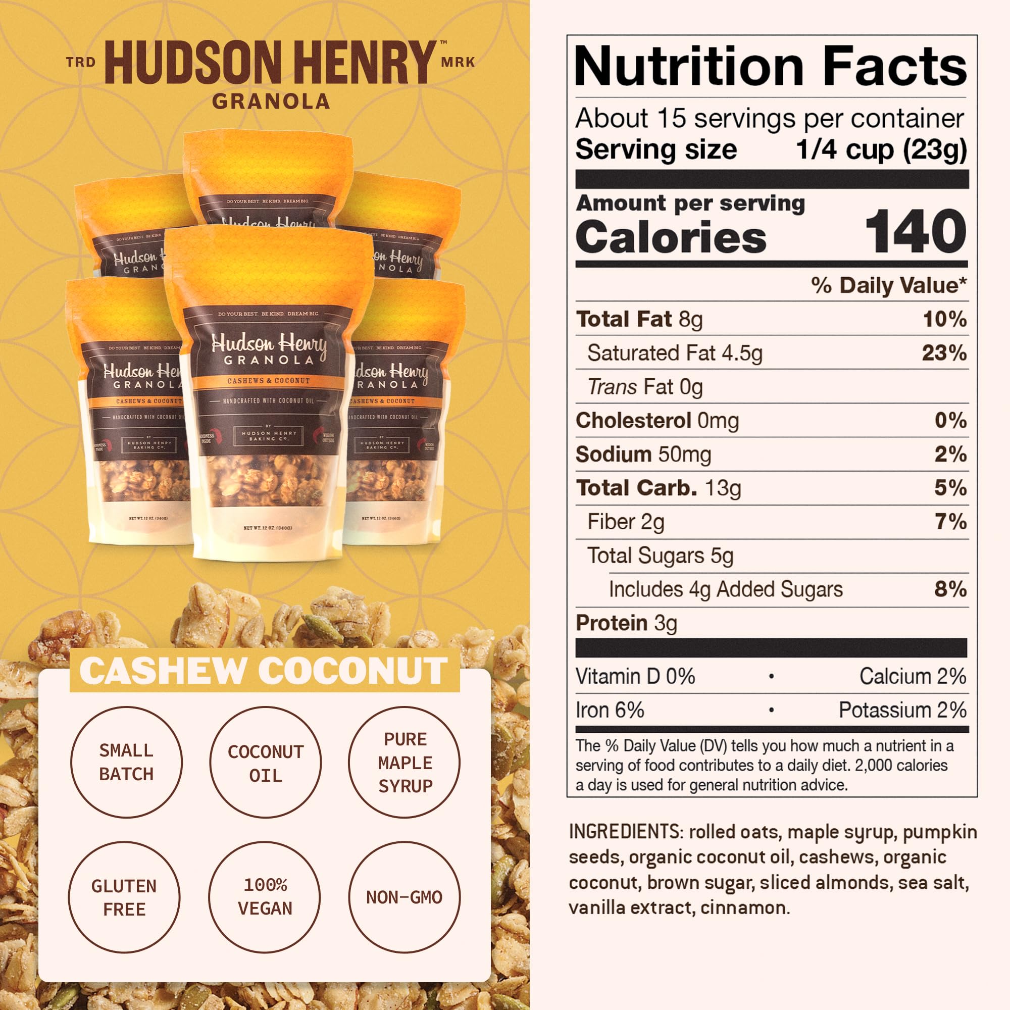 Hudson Henry Cashew Coconut Granola | Gluten Free Granola with Nuts and Seeds | Vegan, Non-GMO & Small Batch Baked with Pure Maple Syrup & Organic