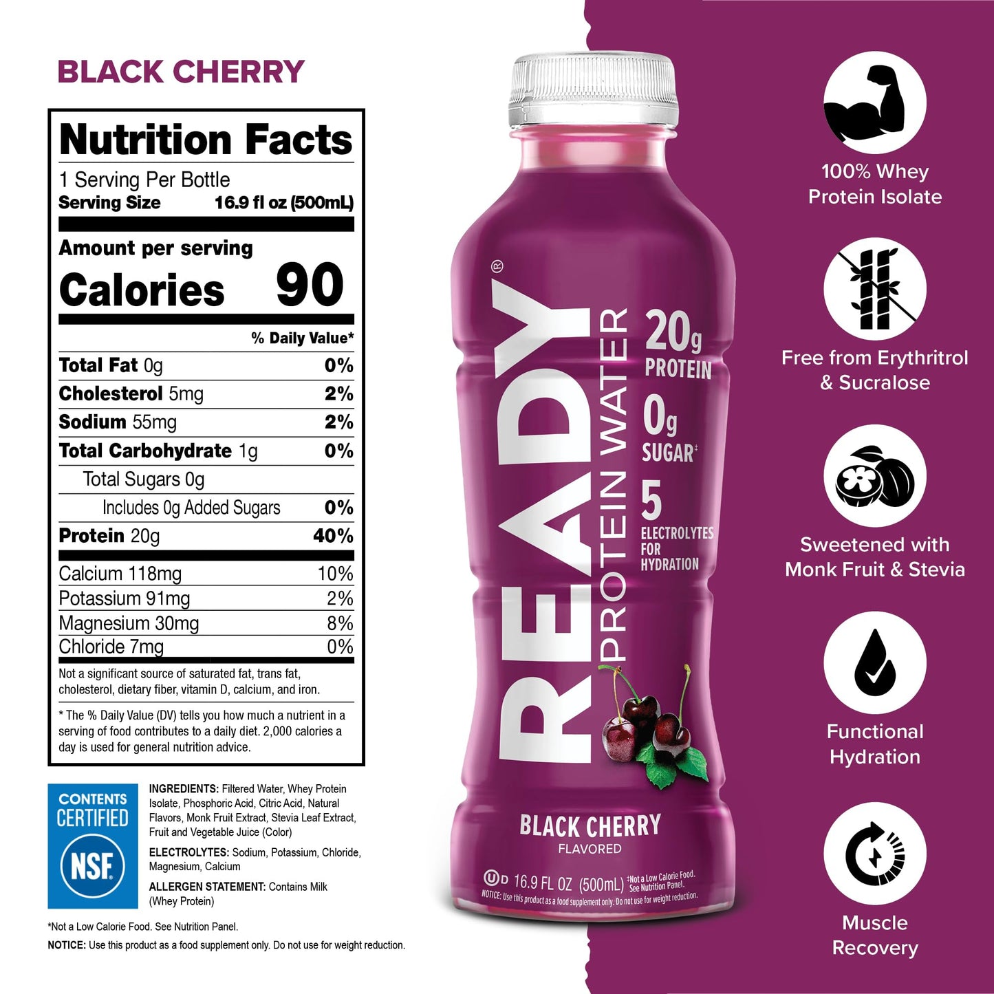 Ready® Clear Protein Water - 20g Whey Protein Isolate, Zero Sugar, Low-Calorie Sports Drink for Hydration & Recovery - Electrolytes, Essential Amino