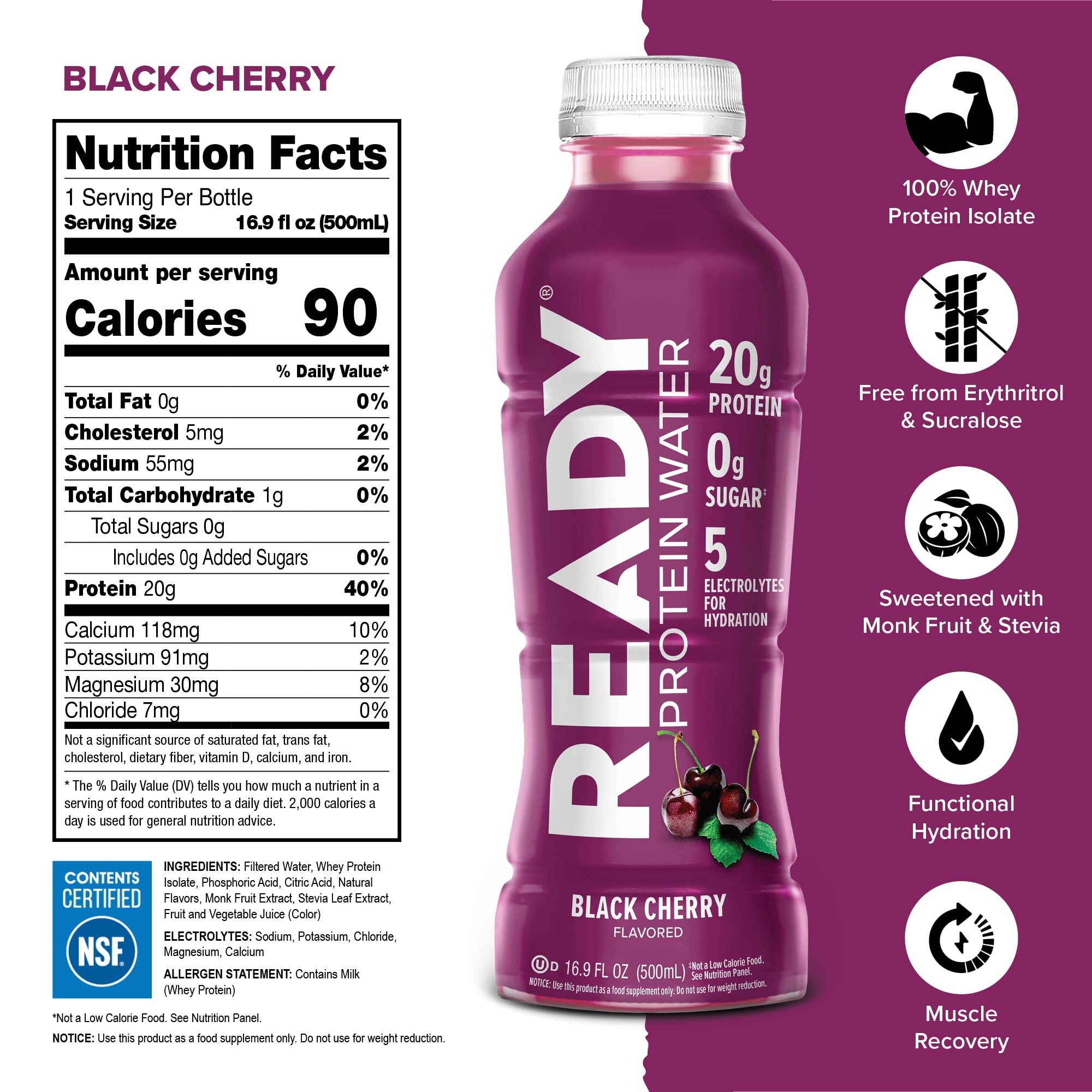 Ready® Clear Protein Water - 20g Whey Protein Isolate, Zero Sugar, Low-Calorie Sports Drink for Hydration & Recovery - Electrolytes, Essential Amino