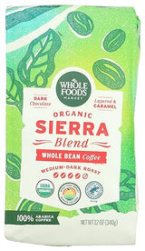 Whole Foods Market, Organic Sierra Blend Whole Bean Coffee, Medium-Dark Roast, Dark Chocolate & Caramel, 12 Ounce