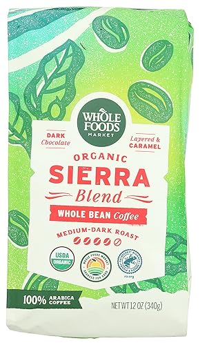 Whole Foods Market, Organic Sierra Blend Whole Bean Coffee, Medium-Dark Roast, Dark Chocolate & Caramel, 12 Ounce