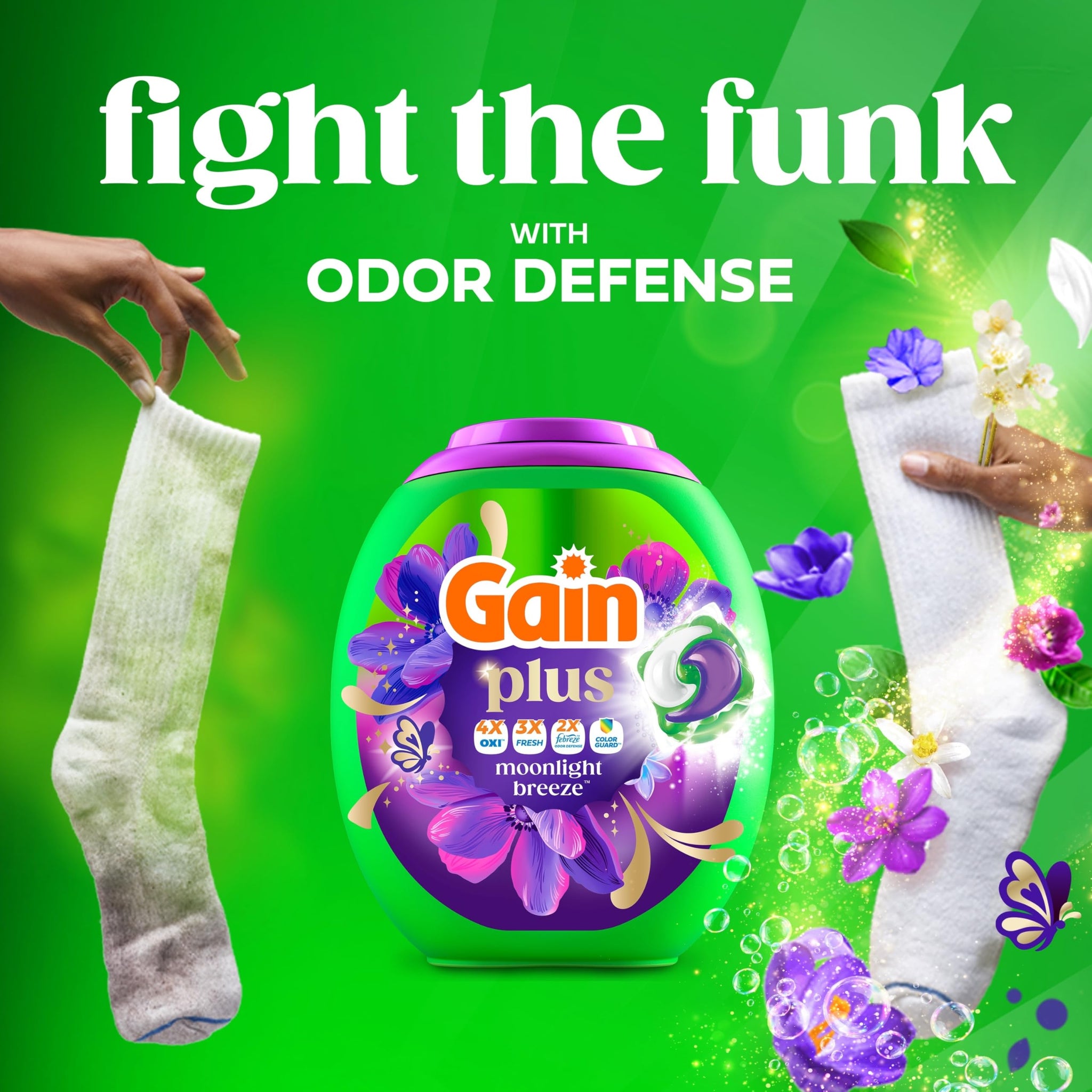 Gain Plus Flings Liquid Laundry Detergent Pods, Gain's Best Clean, All-In-One Pacs, Moonlight Breeze Scent, 45 Count