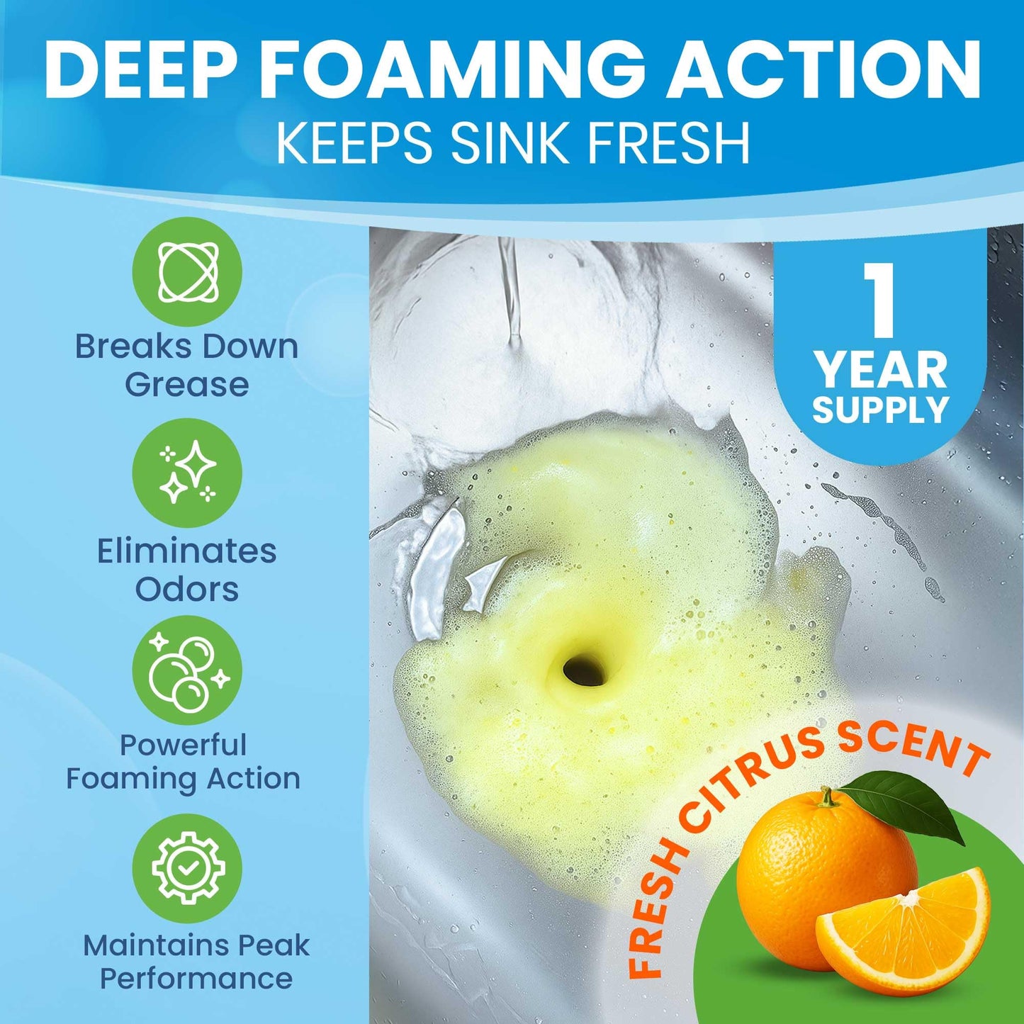 Garbage Disposal Cleaner Deodorizer Tablets - 24 Pack XL Foaming Citrus Cleaning Tablet - Sink Drain Disposer Garburator Freshener Odor Eliminator