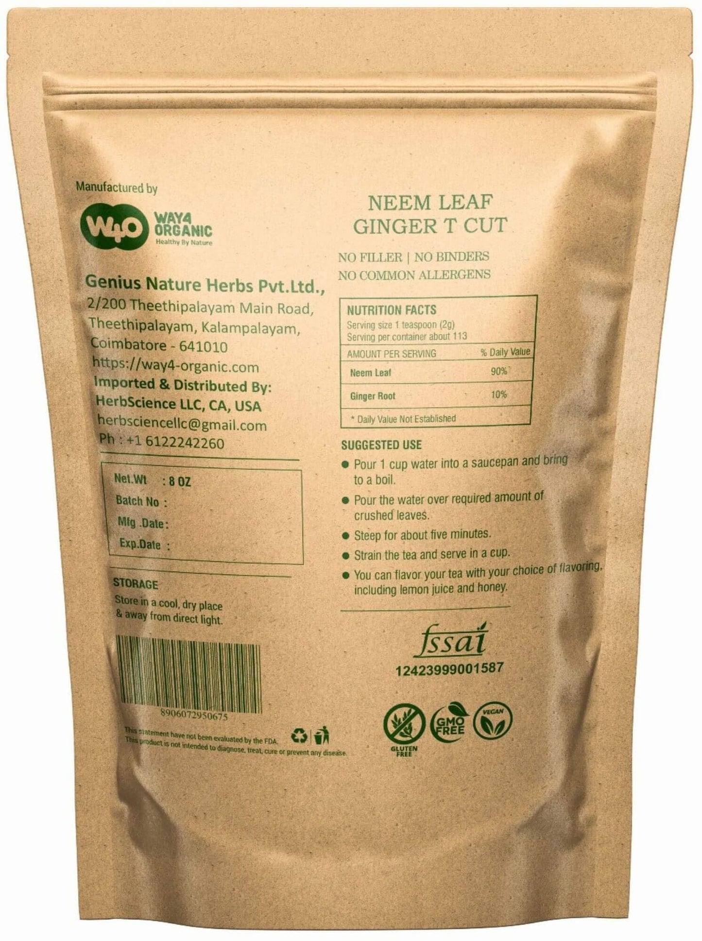 Neem Leaves Tea with Ginger 8 oz, Boost Immunity, Aid in Digestion, Caffeine Free, One Tea with Multiple Benefits (Pack of 1)
