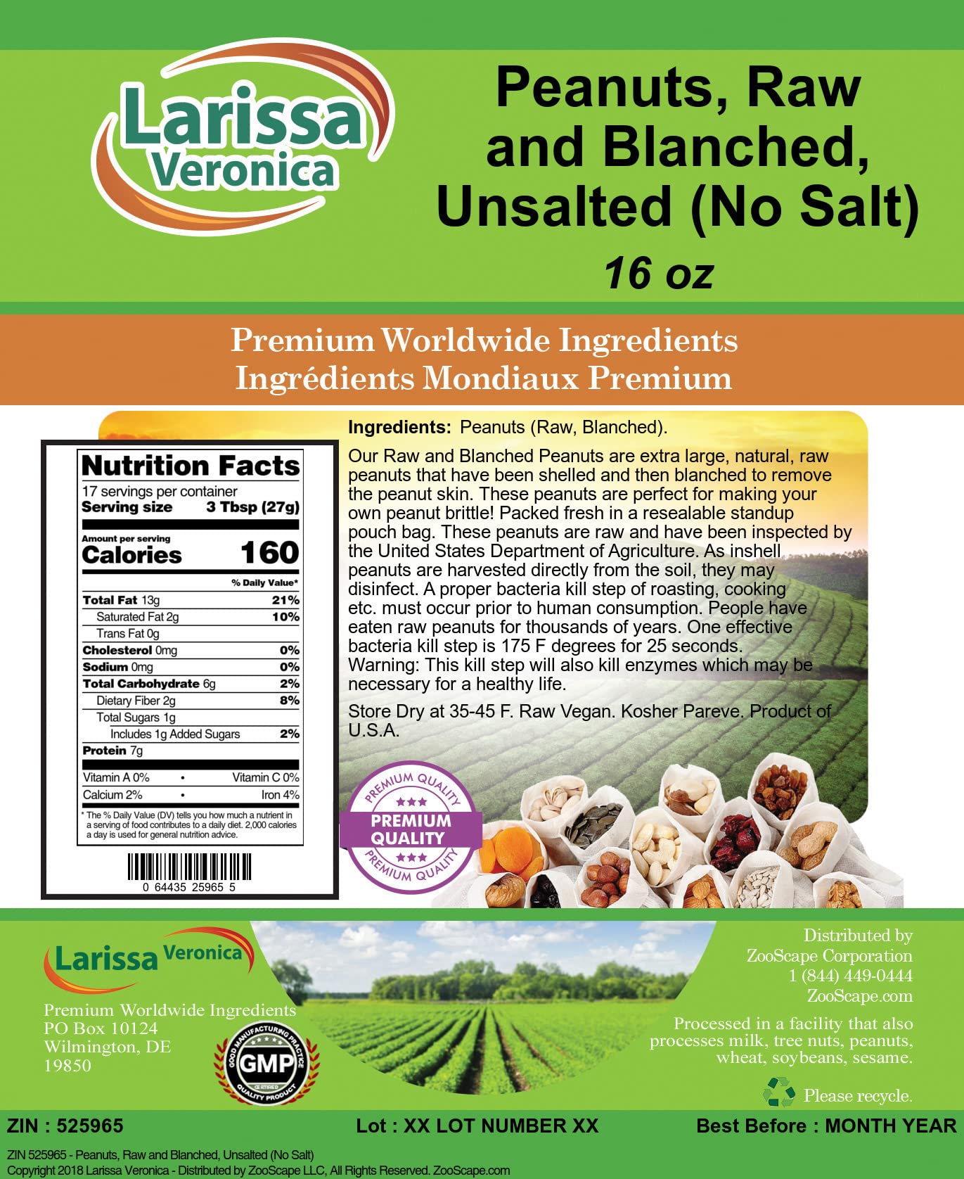 Peanuts, Raw and Blanched, Unsalted (No Salt) (16 oz, ZIN: 525965)