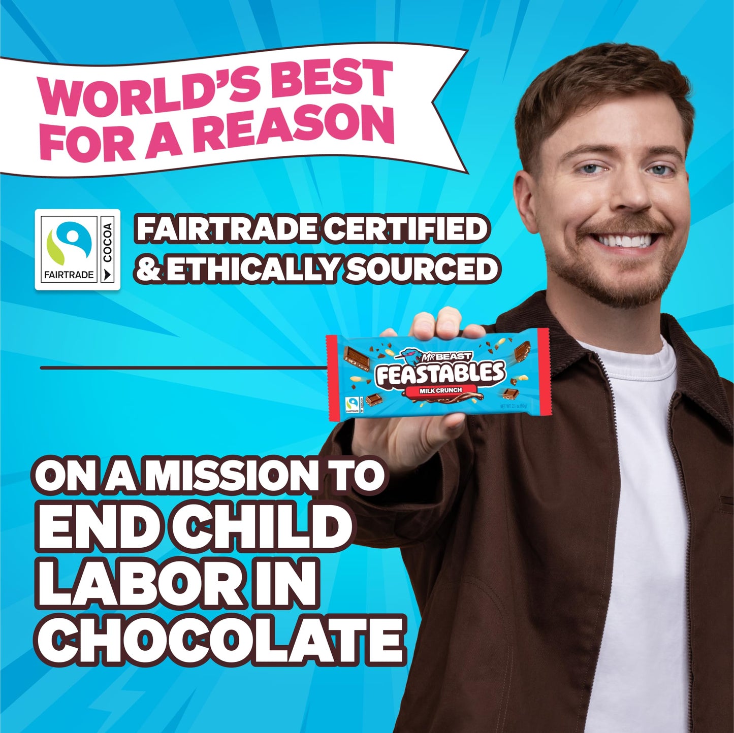 MrBeast Feastables Milk Chocolate Crunch Bar, King Size, 10 Count, Crispy Rice Chocolate Candy, Fairtrade Cocoa, 2.1oz Each