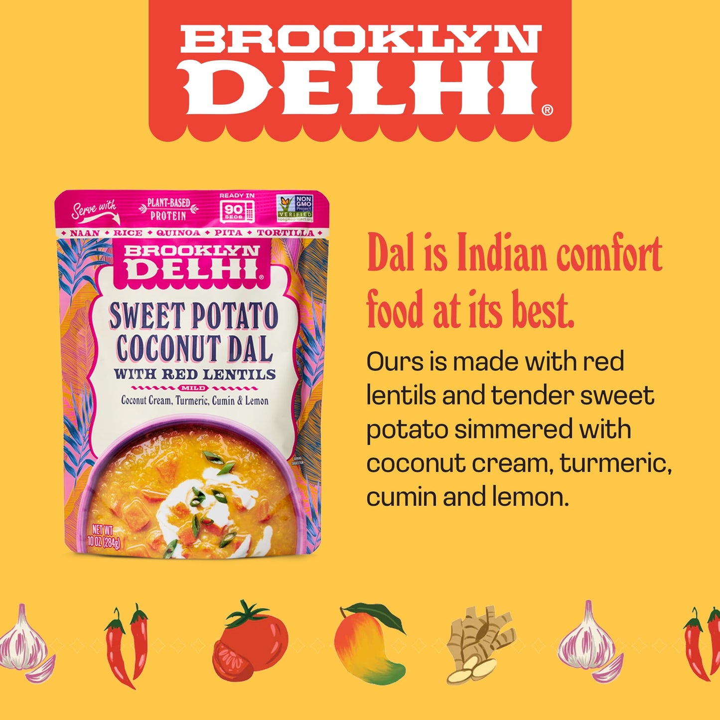 Brooklyn Delhi Sweet Potato Coconut Dal Pouches - Ready to Eat, Microwavable Entree - Vegan, Gluten Free, Non-GMO - 10oz, Pack of 1