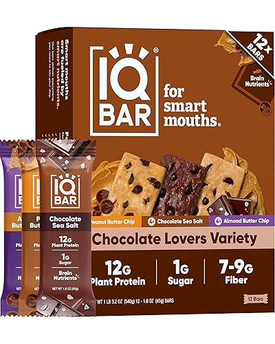 IQBAR Clean Plant Protein Bars - Chocolate Lovers Variety - 12 Count - Keto, Vegan, High Fiber, Gluten and Dairy Free, Low Sugar Snack - Brain