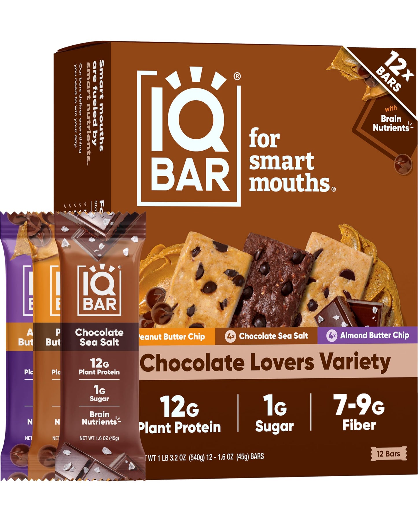 IQBAR Clean Plant Protein Bars - Chocolate Lovers Variety - 12 Count - Keto, Vegan, High Fiber, Gluten and Dairy Free, Low Sugar Snack - Brain