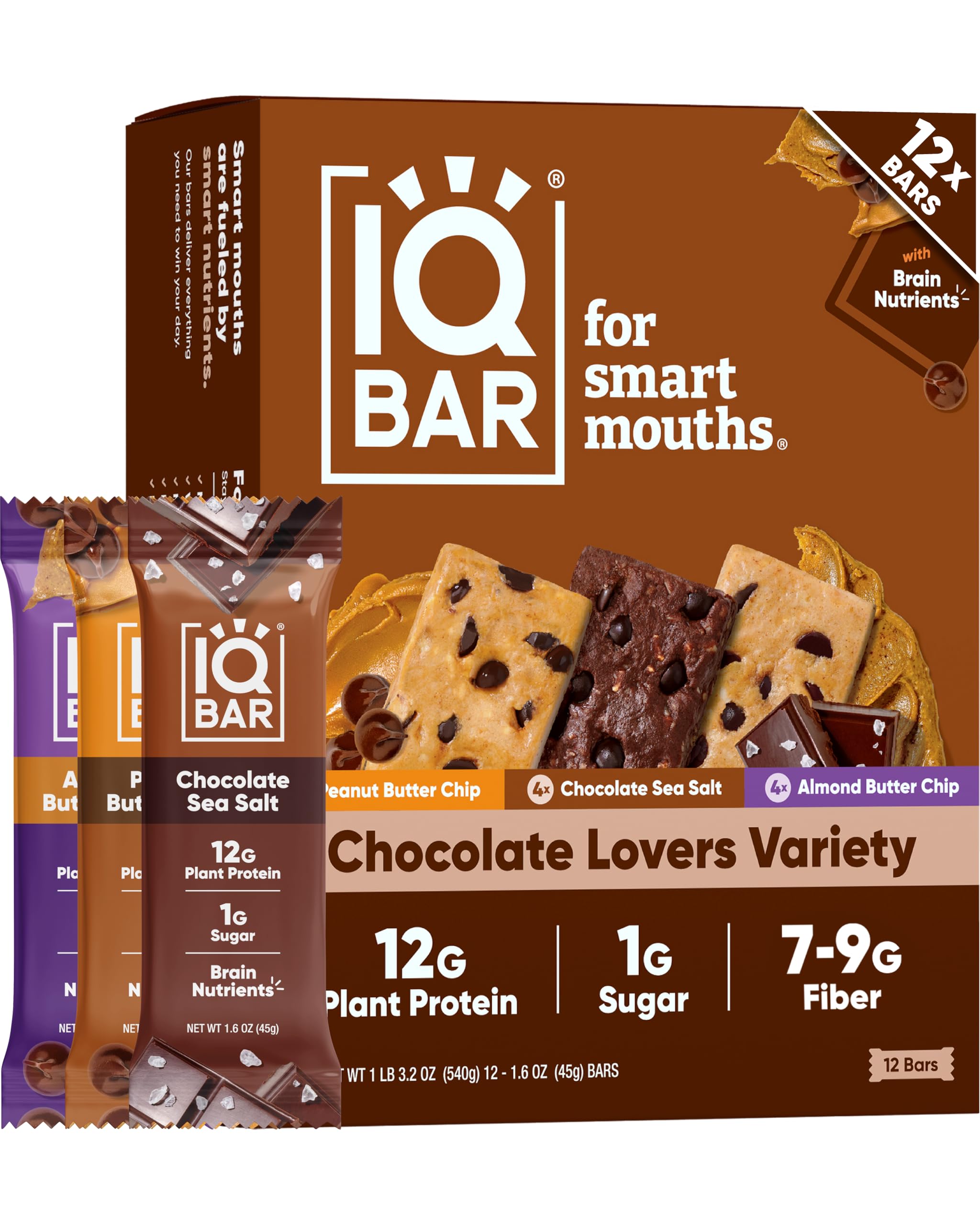 IQBAR Clean Plant Protein Bars - Chocolate Lovers Variety - 12 Count - Keto, Vegan, High Fiber, Gluten and Dairy Free, Low Sugar Snack - Brain