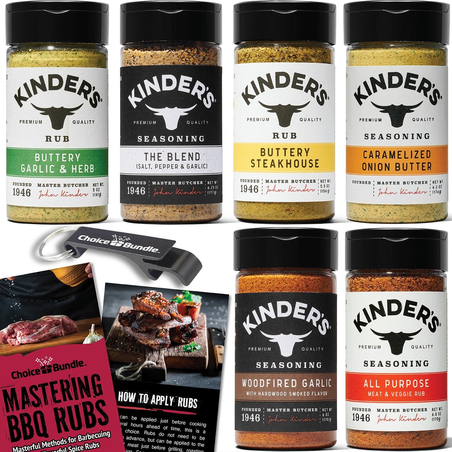 Kinders Buttery Garlic & Herb Woodfired Garlic The Blend Buttery Steakhouse All Purpose Caramelized Onion Butter Seasoning & Rub 6 pk (34.95 oz) + BBQ