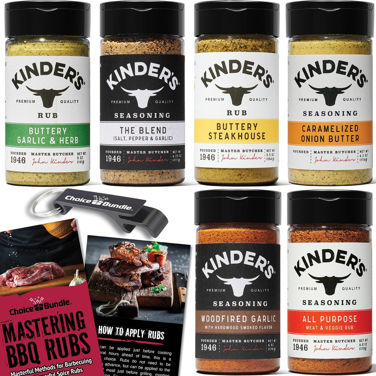 Kinders Buttery Garlic & Herb Woodfired Garlic The Blend Buttery Steakhouse All Purpose Caramelized Onion Butter Seasoning & Rub 6 pk (34.95 oz) + BBQ