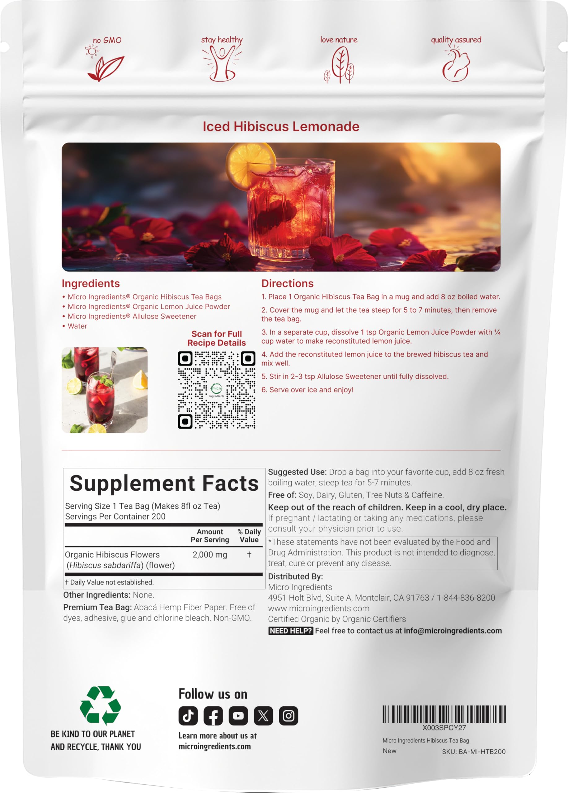 Organic Hibiscus Tea Bags, 200 Count | Premium Source from Hibiscus Flowers | Caffeine Free Herbal Tea | Eco-Friendly Hemp Paper Tea Bags | Non-GMO