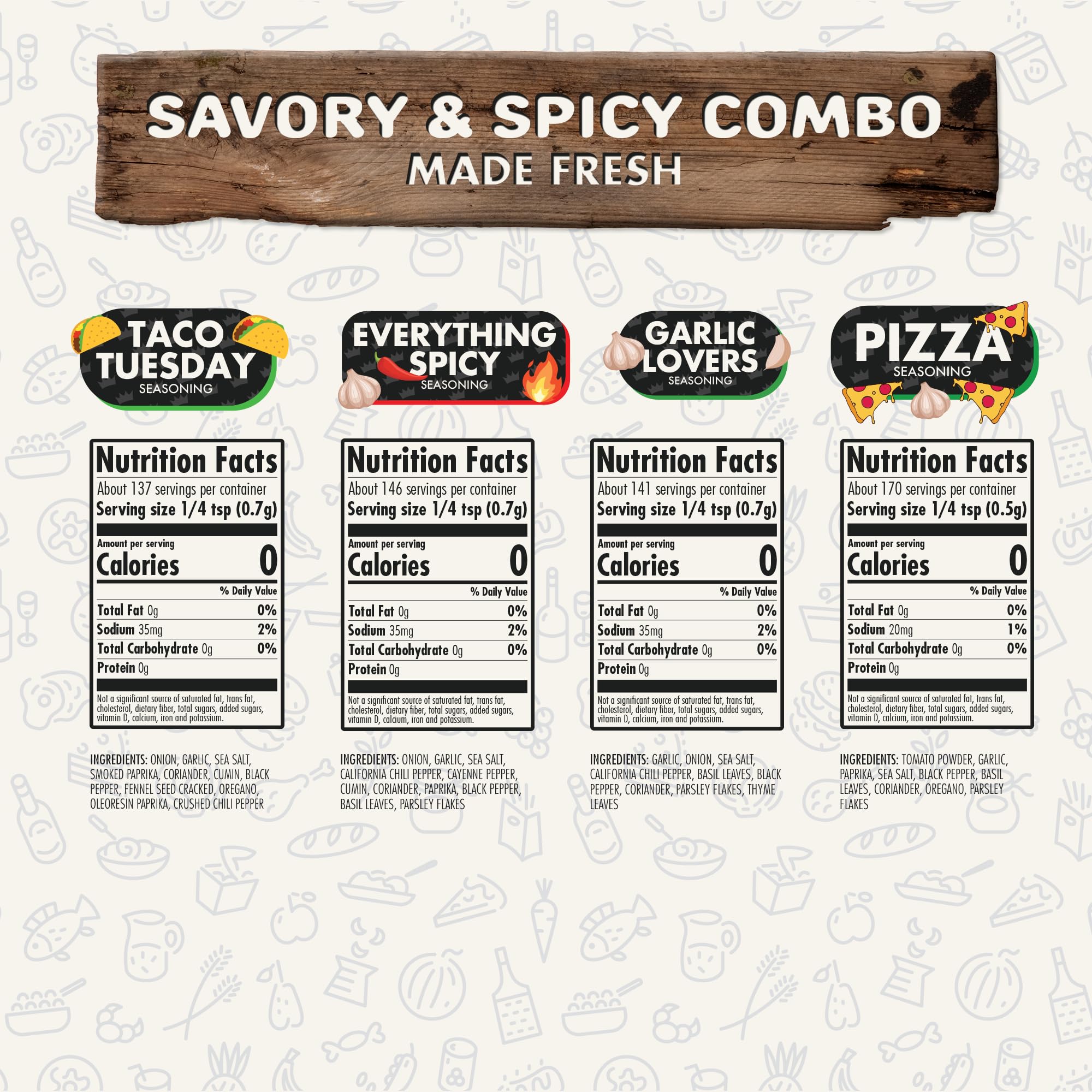 Savory & Spicy Combo Pack of 4, Herbs, Spices and Seasoning Gift Set - Garlic Lovers, Everything Spicy, Taco Tuesday, Pizza - Premium All Natural